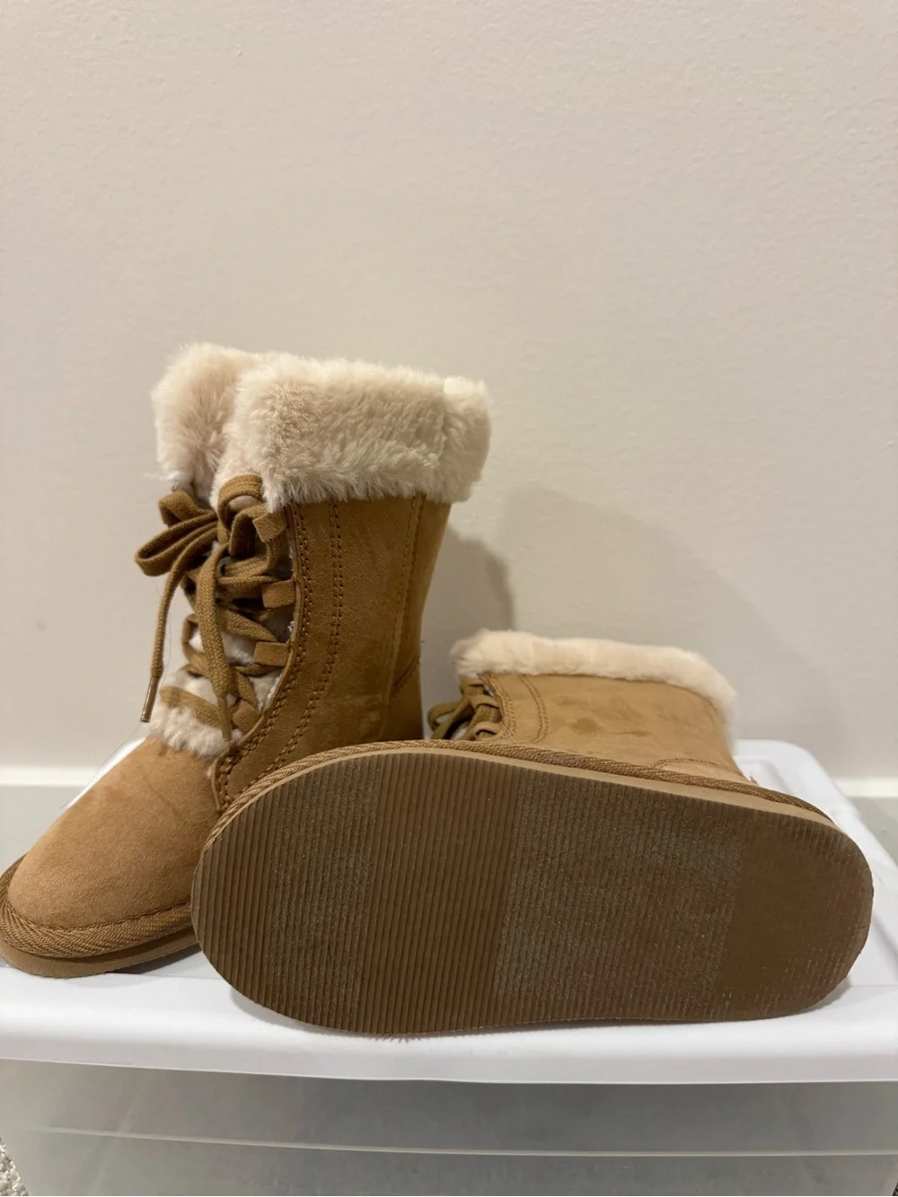 Old Navy Tan Faux Suede Fur Trim Lace Up Toddler Boots
